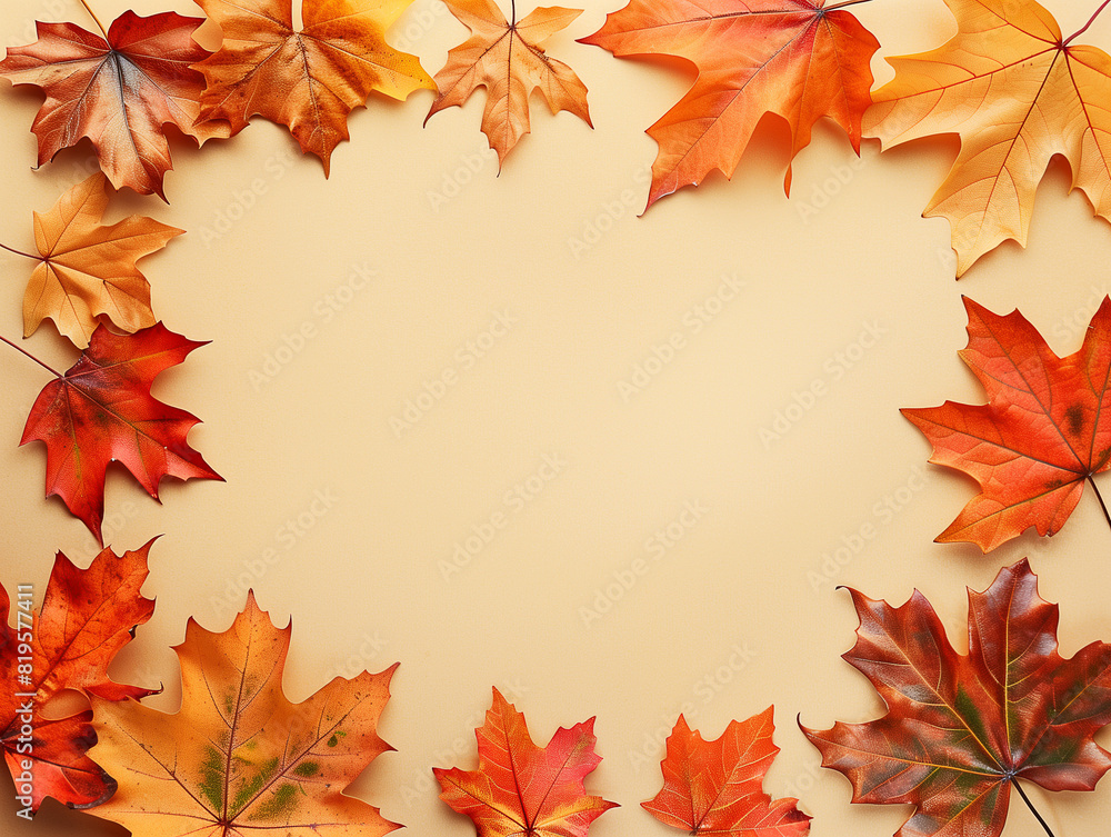 Fototapeta premium Abstrakter Herbstrahmenhintergrund. Farbige Ahorn-Herbstblätter vor hellbraunem Hintergrund 