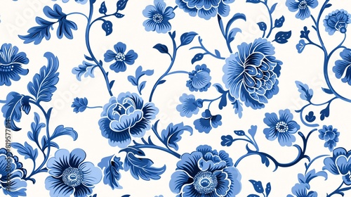 Elegant blue Toile pattern with intricate Chinoiserie floral details, ideal for printing.