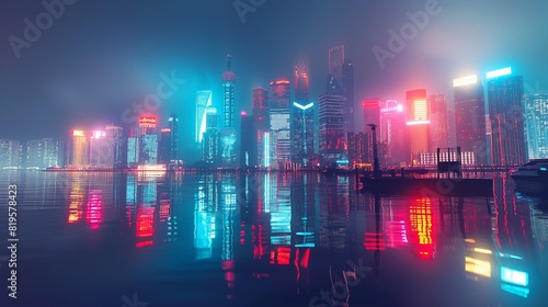 A futuristic city skyline at night  with neon lights illuminating the skyscrapers and reflecting off the calm waters of the harbor below. 32k  full ultra HD  high resolution