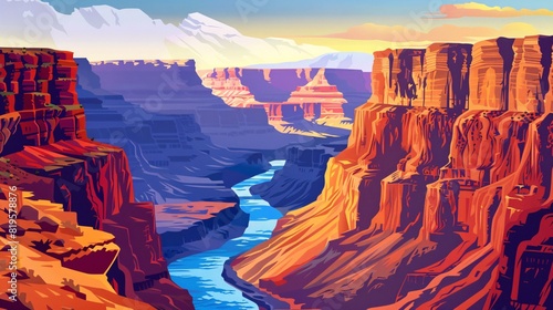 A poster featuring artwork of a canyon with cliffs and a river.