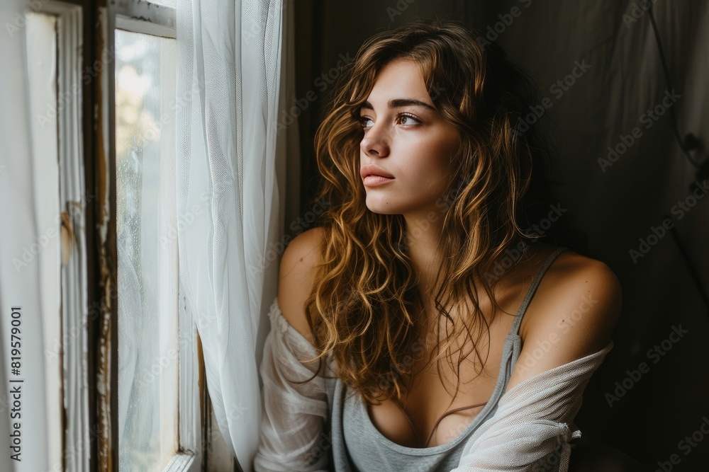 Pretty woman sits by a window, lost in thought and contemplation: Reflecting introspection, she adds depth and emotion to the scene