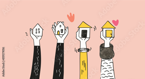 Hands holding up different small houses. real estate hand drawn style illustration