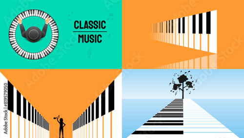 Set Abstract Collection Piano Keys Music Keyboard Instrument With Plants Brunch Botanical Doodle Outline Melt Song Melody Vector Design Style