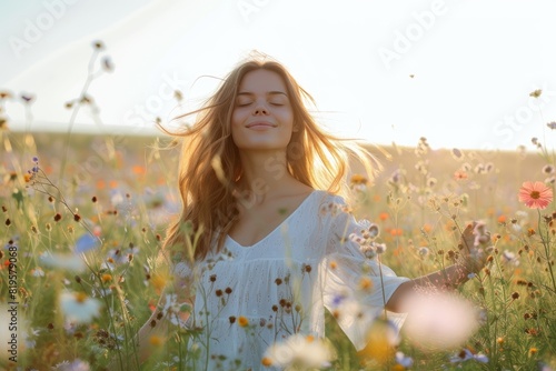 Pretty woman stands amidst a field of wildflowers  embracing the beauty of nature  Radiating joy and vitality  she adds a touch of natural elegance to the shot