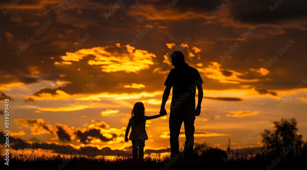 Silhouette of father and daughter holding hands against sunset sky, father's day background, care love parenthood concept