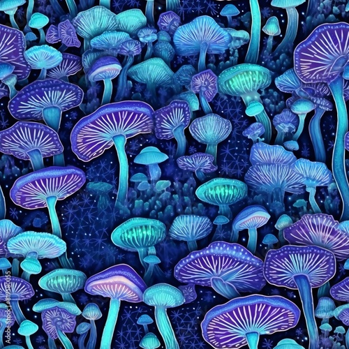Seamless illustration with mushrooms, bright psychedelic colors. Purple and pink colors.