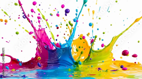 : Dynamic paint splashes in bright, contrasting colors, captured in high resolution as they mix and collide against a pure white background.