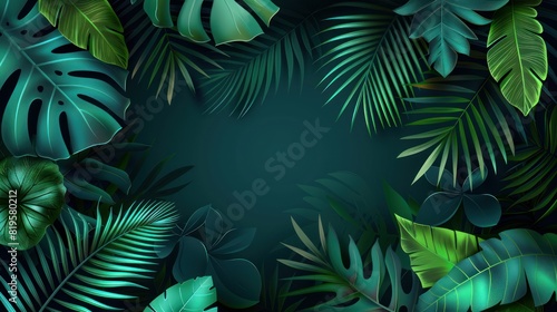 Lush green tropical leaves frame a dark, moody background, giving a sense of mystery and exotic appeal in this image photo