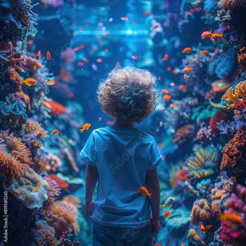A little boy is looking at a coral reef of marine objects charm in a vivid cinematic aquarium tank. Corals and colorful fish are all around. The view is from behind the child s back