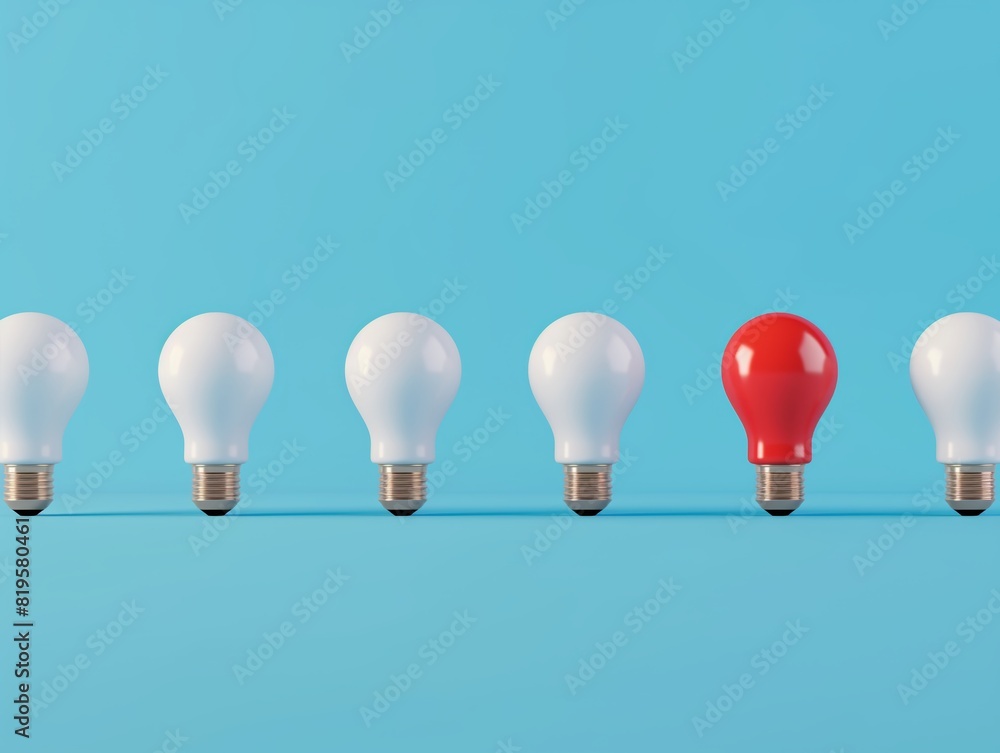 Multiple white lightbulbs and one red lightbulb in a row on a blue background. Concept of unique ideas and leadership. Generative AI Multiple white lightbulbs and one red lightbulb in a row on a blue background. Concept of unique ideas and leadership. Generative AI