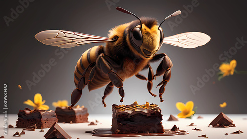 Sweet Indulgence: 3D Bee Soars Above a Decadent Chocolate Brownie photo