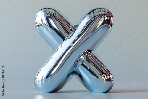 Lustrous 3D metallic letter X, vintage futuristic air bubble design, fluid metallic sheen with mirrored shine, isolated 3D illustration, Y2K graphic for contemporary artwork.