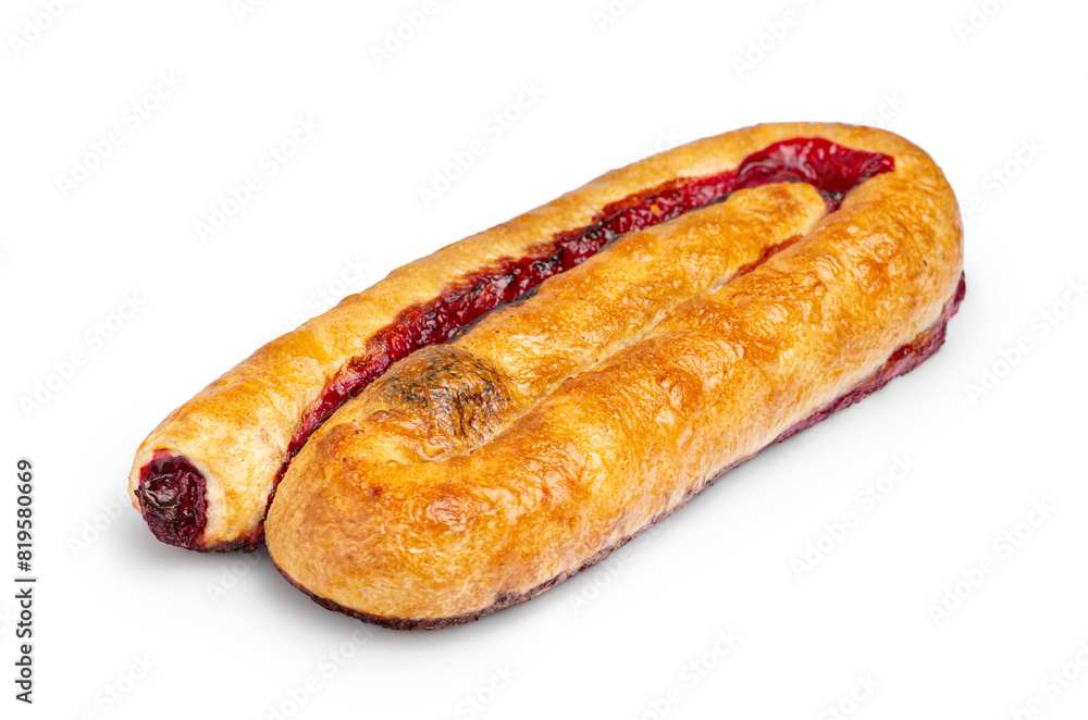 Fresh puff pastries with cherry jam isolated on a white background. With clipping path for design menu Fresh puff pastries with cherry jam isolated on a white background. With clipping path for design menu