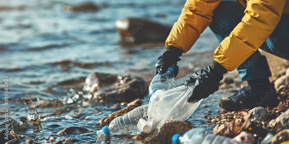 Obraz premium African American volunteer collects plastic rubbish garbage trash on the ocean shore. Hands close-up. Environmental conservation. Global environmental pollution. Cleaning of the coastal zone.