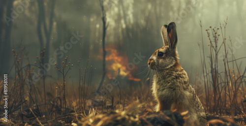 The concept of saving wild animals from forest fires. A cute young hare is sitting on a field covered with dry grass. 