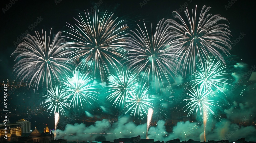 Blazing Teal and White Firework Flames Over a Festive City During New Year