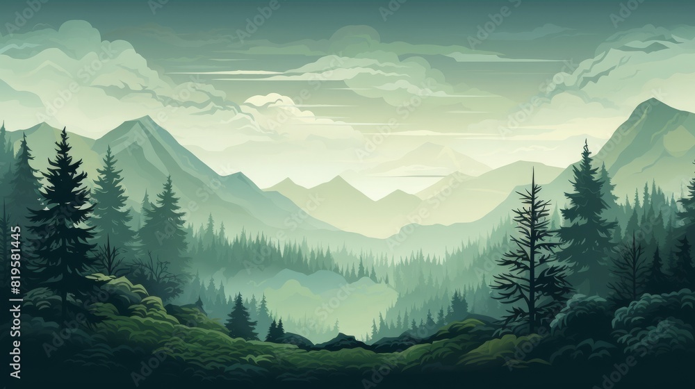 A serene mountain landscape with pine trees and misty valleys under a cloudy sky, creating a tranquil and picturesque natural scenery.