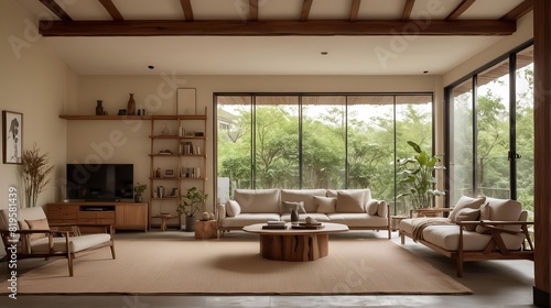A wide-angle shot of the Japan living room with plants. close up