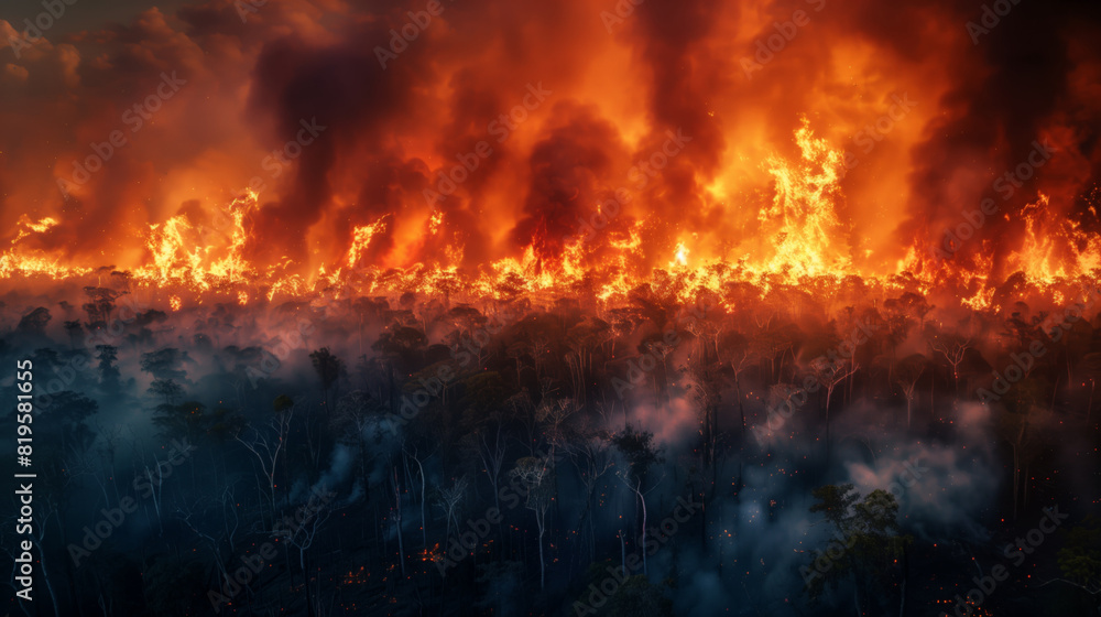 Brazil's rainforests are burning. A forest fire is raging, flames are rising into the sky. The smoke is thick and the fire is spreading fast Brazil's rainforests are burning. A forest fire is raging, flames are rising into the sky. The smoke is thick and the fire is spreading fast