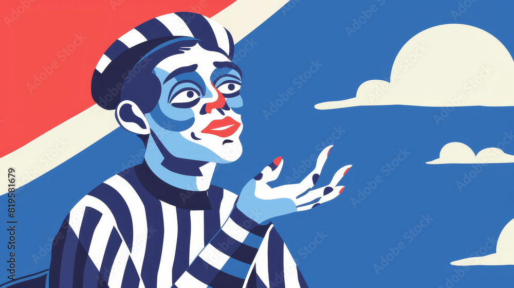 Mime artist tells tales using only gestures and movement. Mime artist tells tales using only gestures and movement.