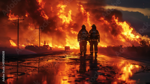 Men in firefighter suits assess the fire in the distance and rush to put it out. Two firefighters are walking along the road next to the fire