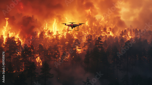 A drone is filming footage of the fire for a news report. A drone flies over a strong forest fire. The fire spreads quickly