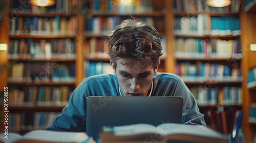 A college student conducts research in a contemporary library, utilizing a laptop and surrounded by textbooks and scholarly resources, with a strong focus on learning