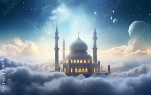 White mosque on blue sky background for Islamic holiday flyers and banners © onehourhappiness