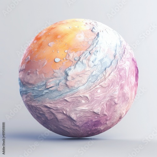 Abstract sphere with colorful swirling paint texture  blending pastel pink  blue  and orange hues on a soft gradient background.