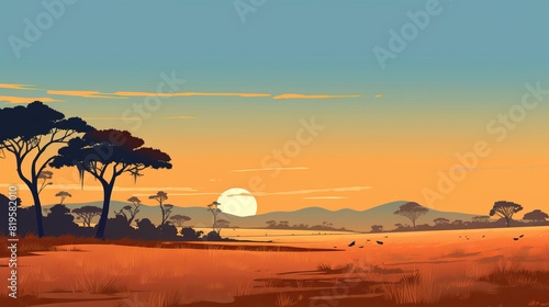Beautiful illustration of an African savannah at sunset  with acacia trees and distant mountains  showcasing serene natural beauty.