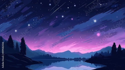 Beautiful night sky with shooting stars  mountains  and a serene lake reflecting the celestial wonders. Captivating illustration of nature s beauty.