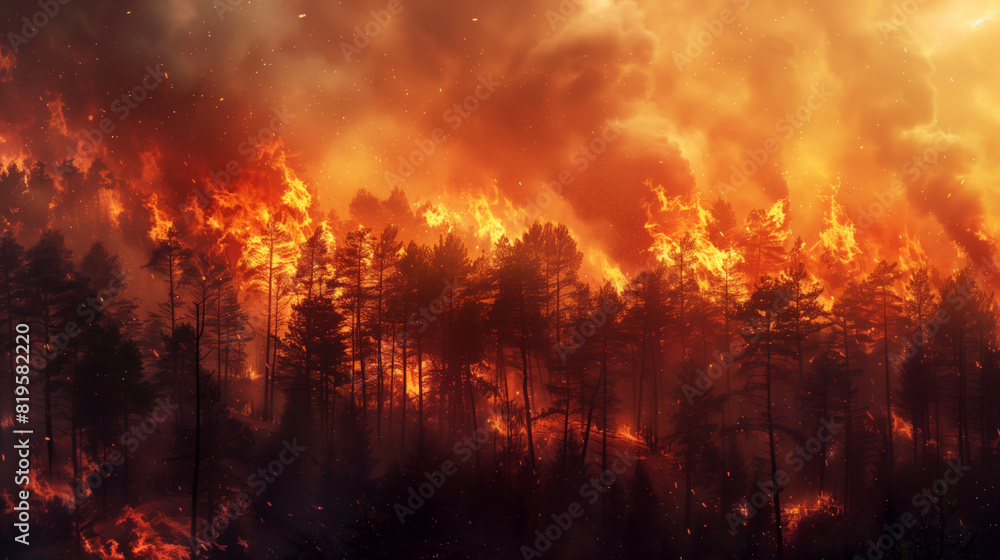 A forest fire is raging in a wooded area. The sky is covered with smoke, the trees are engulfed in flames. The scene is tense and chaotic