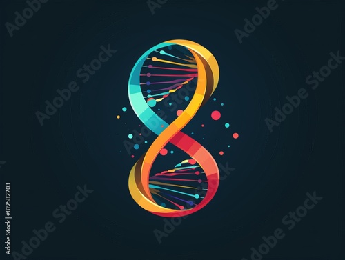 Colorful abstract DNA double helix strand on dark background symbolizing genetics and biotechnology.