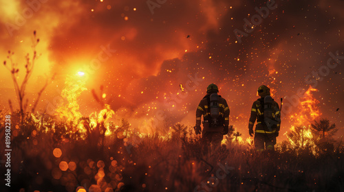 A team of firefighters extinguishes a forest fire. Two men in firefighter protective suits are standing on the fire. The sunset is in the background