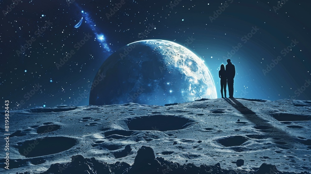 Couple gazes at Earth from the moons surface, creating a romantic lunar silhouette. Couple gazes at Earth from the moons surface, creating a romantic lunar silhouette.