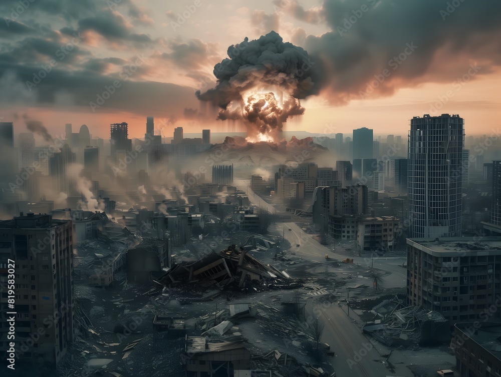 Nuclear War Aftermath Buildings Ruins Nuclear Explosion Sunset Sunrise Background