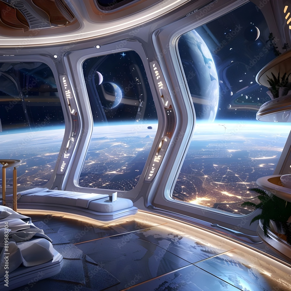 A luxurious space hotel orbiting Earth, featuring panoramic windows, floating recreational areas. Created using generative AI.