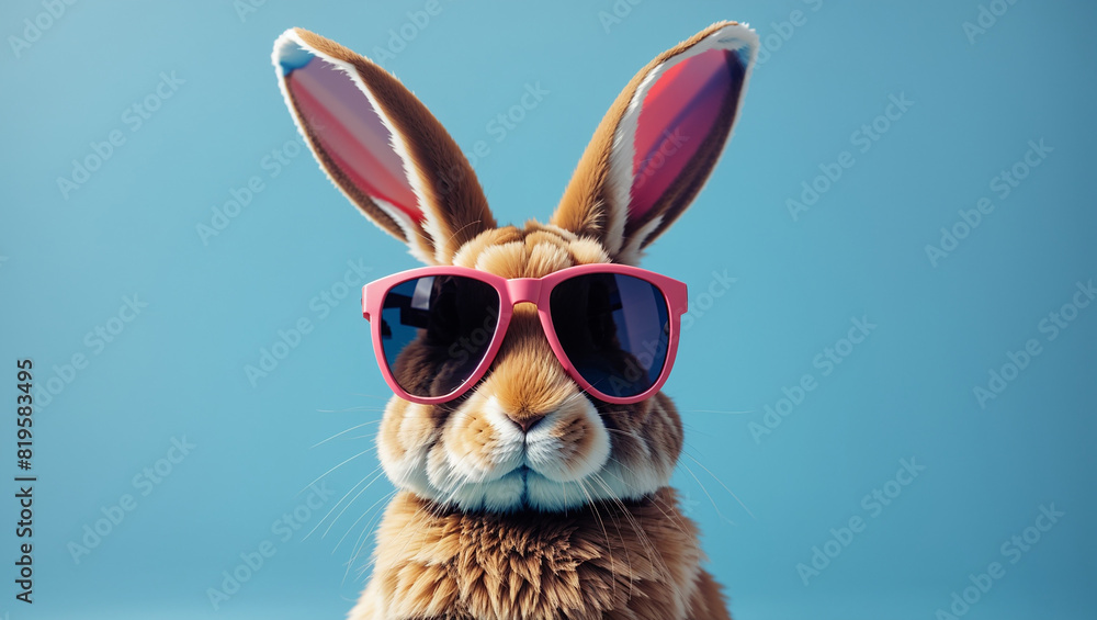 a brown and white rabbit wearing sunglasses.