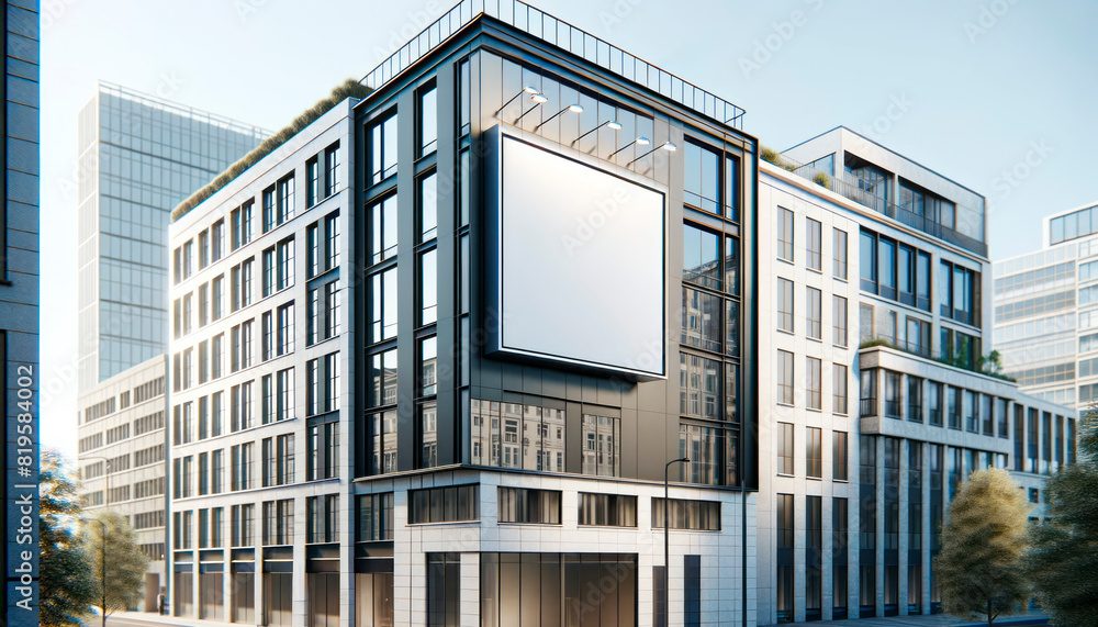 A large blank billboard on the facade of a modern building, set in an urban environment for advertising. Generative AI A large blank billboard on the facade of a modern building, set in an urban environment for advertising. Generative AI
