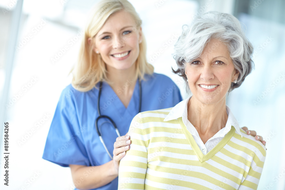 Nurse, woman and senior portrait for support, healthcare and hand on shoulder with medical worker in hospital. Appointment, checkup and caregiver for trust with professional, patient and happy Nurse, woman and senior portrait for support, healthcare and hand on shoulder with medical worker in hospital. Appointment, checkup and caregiver for trust with professional, patient and happy