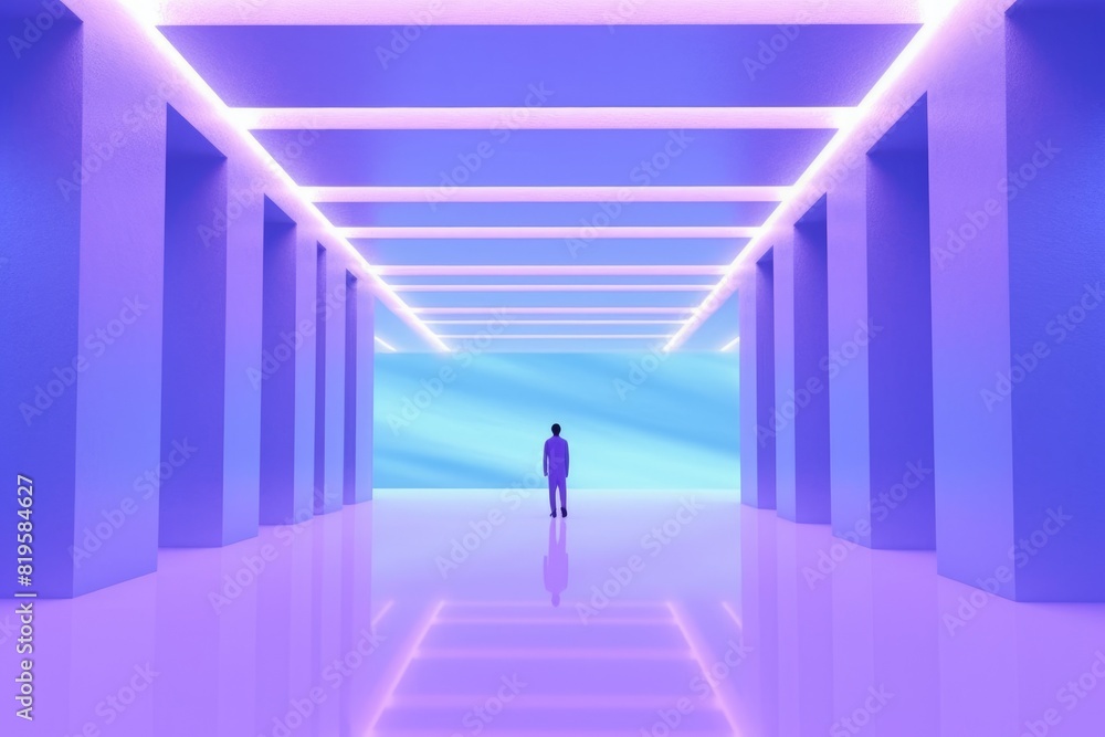 Futuristic arch tunnel in blue light. 3D rendering of an architectural structure for science fiction and modern design concepts. People standing at futuristic hallway or corridor interior. AIG35.