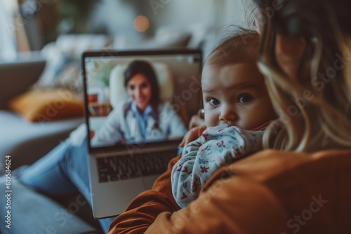 Caring young mother holding sleeping baby, using laptop, making video call to mature man doctor at home, senior pediatrician consulting loving mom online, telemedicine and child healthcare concept