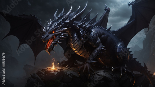 A black dragon with red eyes is perched on a rock in a dark, stormy setting.