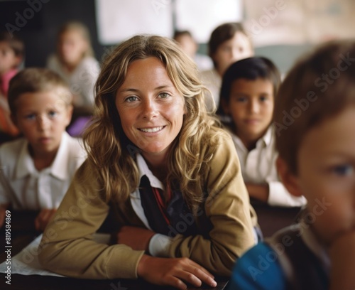 A woman sitting in front of a classroom of children. Generative AI.