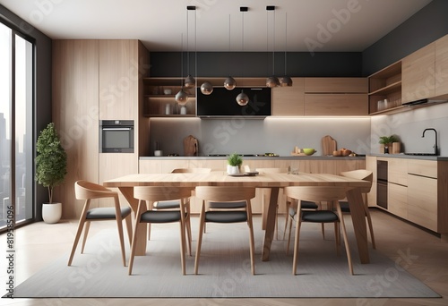 Modern kitchen interior with dining area on a cityscape background, the concept of an urban home, showcasing wooden furniture and minimalist design. 3D Rendering © Sharif54