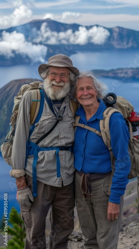 A couple of a man and woman standing on top of a mountain. Generative AI.