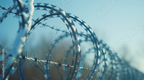 Barbed wire fence topped with sharp spikes in outdoor field. Concept of security, imprisonment and restricted access. photo