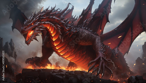 A red dragon with black wings is perched on a pile of rocks