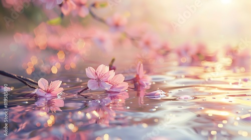 Soft Pink Cherry Blossoms Drifting on a Gentle River, Tranquil Spring Moment