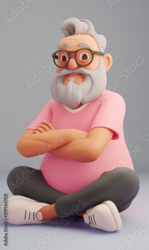 A cartoon character with a beard and glasses sitting on the floor. Generative AI.